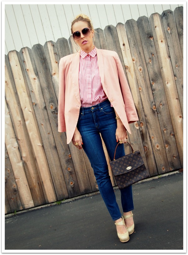 "Pink shirt, Pink Blazer, High Waist Jeans, 70's style"